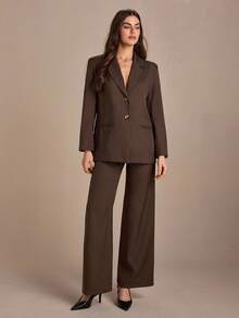 CLARA VERO 2 Pcs, Oversize Blazer Jacket & Wide Leg Pants - Brown - View 3