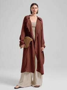 Ontre 女士纯色双排扣风衣，商务休闲宽松舒适中性风，适合机场、工作、外出，优雅的秋冬外套 - 玫瑰紅 - 查看 4