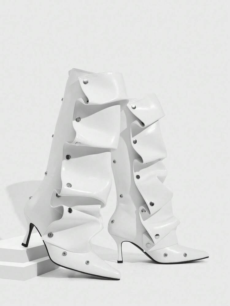 CUCCOO SZL Botas por encima de la rodilla con tacón de aguja, decoración fruncida y punta afilada para mujer, color blanco sexy