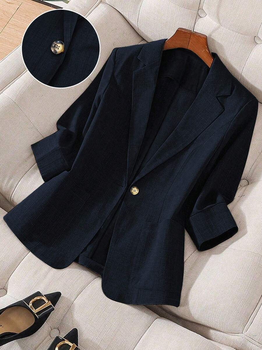 GlowEve CURVE Áo khoác blazer nữ cỡ lớn, màu trơn, cổ ve áo, tay dài, cài một nút, kiểu dáng thường ngày/công sở. - Màu xanh lam - Xem 1