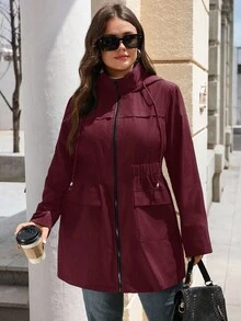 EMERY ROSE Plus Size Solid Color Casual Breathable Zip-Up Long Sleeve Coats In Fall/Winter Winter Clothes For Women  Fall Clothes For Women - Burgundy - View 6