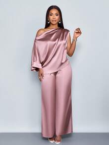 SOLERSUN Women's Fashionable Solid Color Elegant Ruched Asymmetrical Neck Stylish And Sophisticated Batwing Sleeve Asymmetrical Hem Satin Blouse & Straight-Leg Elegant Long Pants Sets