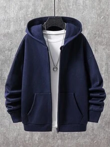 男童连帽拉链运动衫夹克，休闲冬季外套，适合春、夏、秋、冬上学 - 藏蓝色 - 查看 2