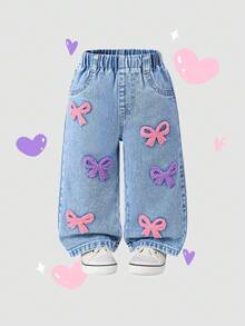 Baby Girls' Denim Wide Leg Pants, Sweet & Cute Casual Vacation Style, Recommended For School Outfit, Pink & Purple Butterfly Embroidered Felt Applique, Light Blue Washed Denim, Elastic Waistband For Comfort And Easy Wear, Loose Fit, Suitable For Home, Outings, Dates, Weekends, All-Year Versatile Denim Wide Leg Trousers Fall Winter - Light Wash - View 3