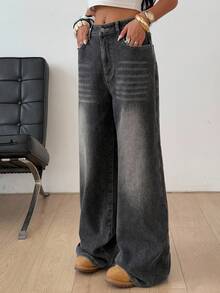 DAZY Jeans anchos de mujer con efecto desgastado y lavado vintage, con forro polar grueso, estilo vaquero occidental, para otoño/invierno