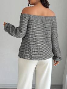 Elenzga Plus Size Casual Commuter Plaid Off Shoulder Bow Decor Shirt
