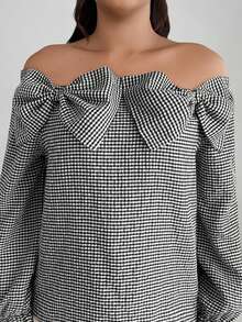 Elenzga Plus Size Casual Commuter Plaid Off Shoulder Bow Decor Shirt