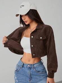SHEIN PETITE Spring Outfits Drop Shoulder Flap Detail Crop Corduroy Jacket In Fall/Winter - Brown - View 10