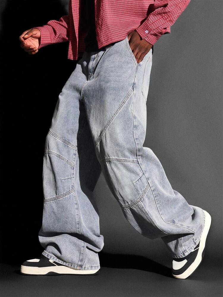 Wide Leg Biker Denim With Curved Panel Design