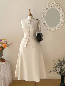 SHEIN MOD Plus Size Apricot Elegant Commuter Vest & Skirt Set Autumn Winter Clothes For Women. Outfit - Apricot - View 10