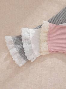 SHEIN 3pcs Baby Girls Solid Color Long Sleeve Lace Trim Turtleneck Knit Tops - Multicolor - View 4