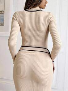 Xyvia Contrast Binding Turtleneck Belted Sweater Dress Fall Winter Cloth For Women - Apricot - View 7