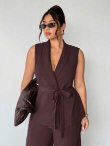 Firerie Plus Size Women Solid Color Shawl Collar Belted Sleeveless Blazer And Pants Casual Commuter 2 Pieces Set Brown Jumpsuit Women Plus Size Formal Jumpsuit Brown Two Pieces Set Women 2 Piece Sets Woman Classy Maternity Clothes Two Pieces Suits Autumn Winter Clothes For Women Brown Two Piece Set Women Maternity Clothes Two Piece Suits
