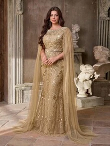 Aureia 加大码优雅浪漫香槟金奢华船领奢华串珠亮片亮片装饰网眼喇叭袖美人鱼下摆正式晚礼服 - 香檳色 - 查看 8