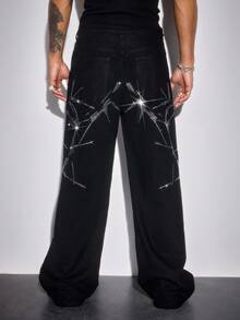 ROMWE MEN Street Life Men's Rhinestone Embellished Pocket Wide Leg Loose Casual Jeans, Grunge - Black - View 9