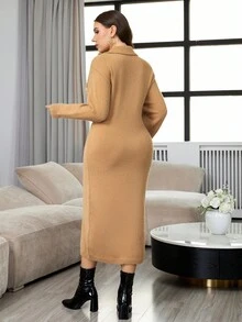 Modelyn 秋冬大码女式几何图案领毛衣裙 - 卡其色 - 查看 5