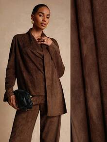 Vesra 女式绒面革不对称披肩领长袖休闲衬衫 - 咖啡棕 - 查看 1