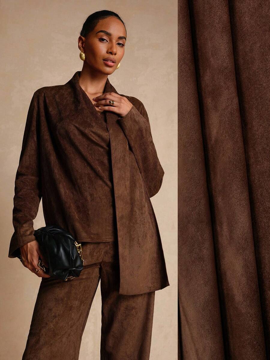 Vesra 女式绒面革不对称披肩领长袖休闲衬衫 - 咖啡棕 - 查看 1