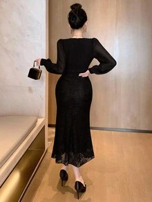 DAZY Women's V-Neck Lace Patchwork Waist Fishtail Hem Maxi Elegant Dress Prom Dress