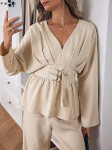 Louniche Women's Solid Color V-Neck Long Sleeve Elegant Top And Pants 2 Pieces Set