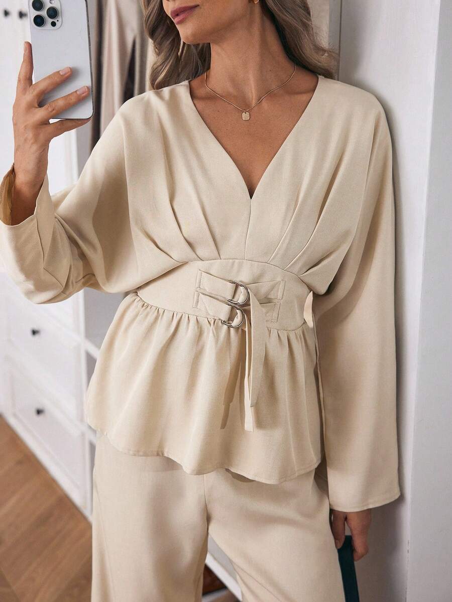 Louniche Women's Solid Color V-Neck Long Sleeve Elegant Top And Pants 2 Pieces Set