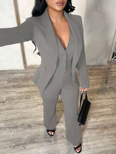 SHEIN SXY Set de 3 piezas: Blazer de manga larga gris, chaleco y pantalones, conjunto sexy para ir al trabajo y citas, traje de mujer de 2 piezas gris para otoño/invierno, conjunto de pantalones elegante, ropa cómoda de otoño e invierno para mujer