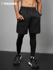 Manfinity Acti Log 男士撞色条纹抽绳腰带二合一运动裤 - 黑色 - 查看 8