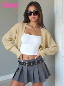 SHEIN Explorewe 少女纯色简约日常长袖针织开衫 - 卡其色 - 查看 1