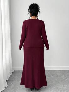 Elenzga Elegancki, dopasowany garnitur dla kobiet w dużych rozmiarach, w jednolitym kolorze, z okrągłym dekoltem i długim rękawem, jednorzędowy top i spódnica z rybim ogonem, jesień