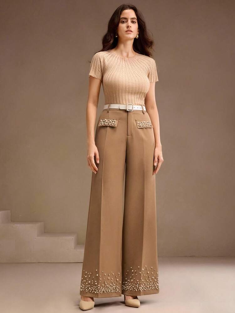 Women's Modern Elegant New Mixed Faux Pearl & Rhinestone Embellished Pants, Suitable For Autumn, Fall, Winter, Going Out, Elegant, Formal, Chic, New Year, Christmas, Graduation, Wedding, Business