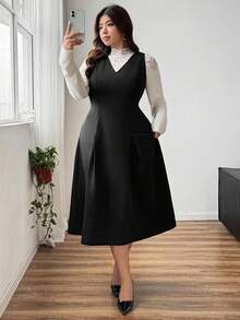 Dazy Plus Abito lungo elegante con scollo a V e senza maniche, aderente, con strati, di colore unito, versatile, adatto per l'autunno/inverno, taglie comode - nero - Visualizzare 6