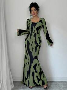 EMERY ROSE Vestido de manga larga con cuello redondo, puños acampanados y cintura ceñida con estampado animal de estilo urbano chic de Calvaya, adecuado para otoño/invierno, uso diario, fiesta corta, vestidos africanos para mujer, vestidos de vendaje, casual elegante, otoño, Halloween, regreso a clases, graduación