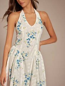 Enchnt Women's Off-White Summer Elegant Tropical Floral Print Embroidery V-Neck Halter Backless Maxi Dress For Tea Party,Vacation,Holiday Wedding Guest - Blue - View 2