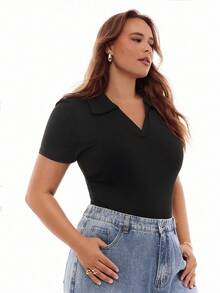 Solavibe Plus Size Solid Color Turn-Down Collar Short Sleeve Bodysuit, Summer - Black - View 4