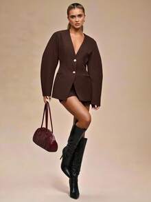 SHEIN BAE Women's Solid Color Waist Cinched Blazer, Suitable For Work - Chocolate Brown - View 3