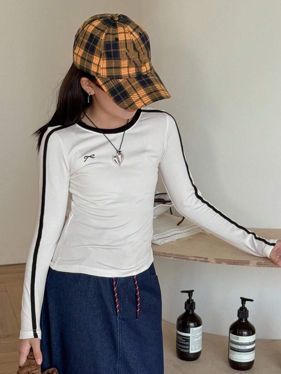 DAZY Tween Girls Crew Neck Fitted Knit Printed T-Shirt, Fall Long Sleeve Tops Women - White - View 1