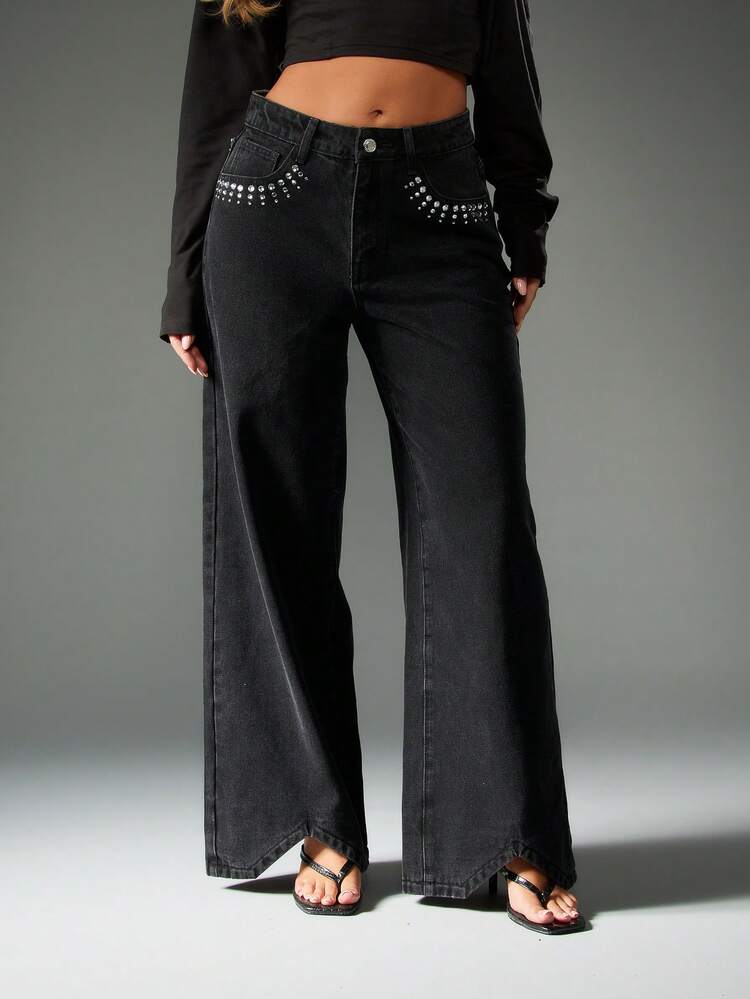 MISSGUIDED Vaqueros holgados de pierna ancha con tachuelas metálicas