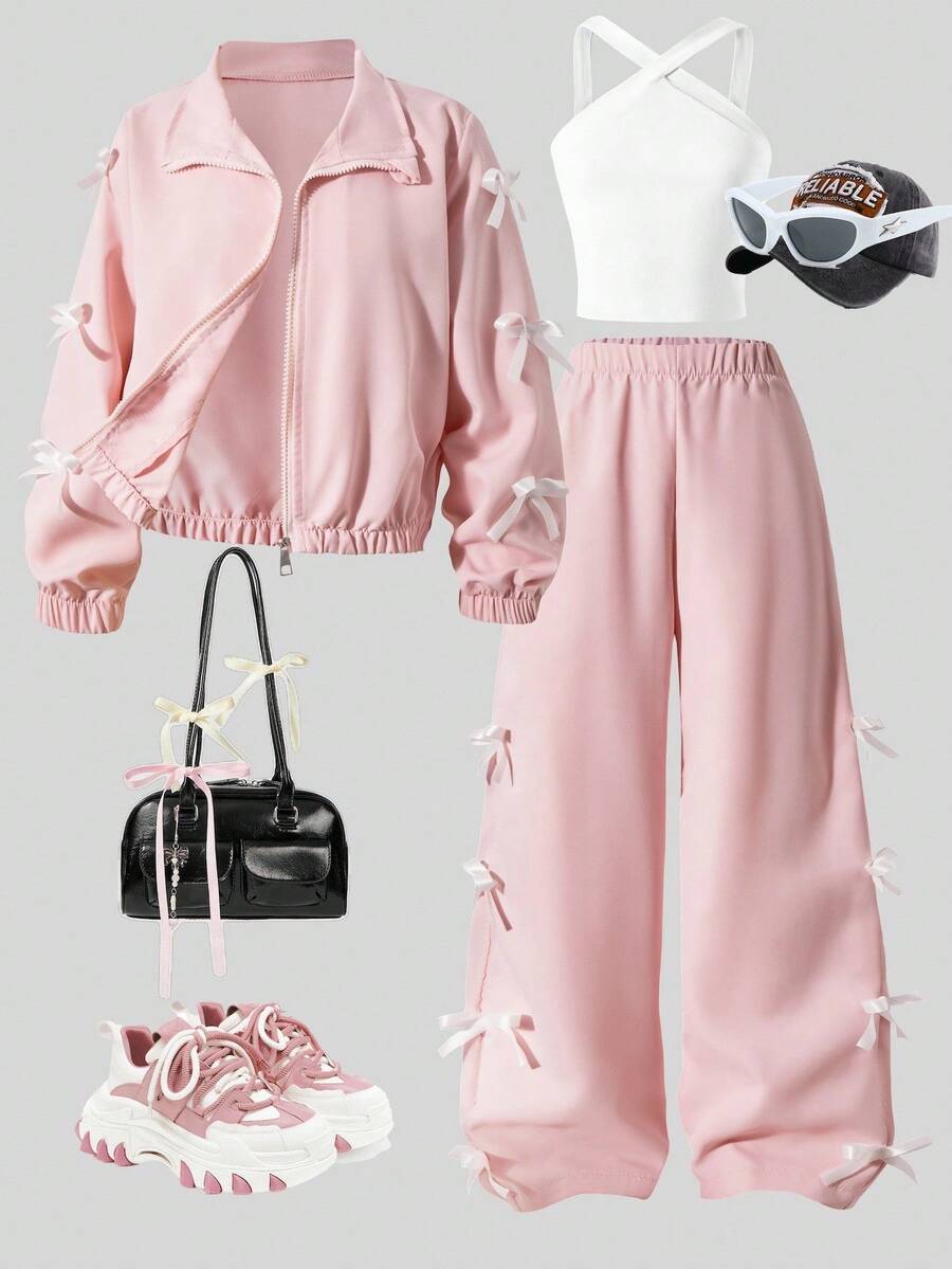 SHEIN 3 件套女童服装 - 黑色蝴蝶结拉链夹克,白色交叉带背心,蝴蝶结阔腿裤,适合外出、度假、玩耍、返校 - 藕粉色 - 查看 1