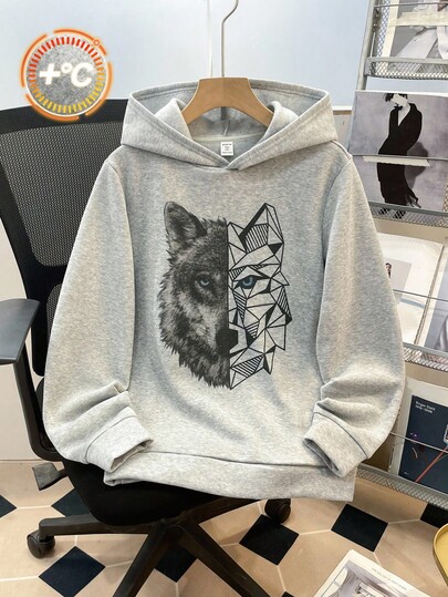 SHEIN 1 pièce Sweat-shirt à capuche ample, confortable et polyvalent avec imprimé loup, convient pour les adolescents garçons. Idéal pour les cadeaux de fête, les tenues de rentrée scolaire, l'automne/l'hiver