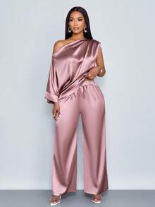 SOLERSUN Women's Fashionable Solid Color Elegant Ruched Asymmetrical Neck Stylish And Sophisticated Batwing Sleeve Asymmetrical Hem Satin Blouse & Straight-Leg Elegant Long Pants Sets