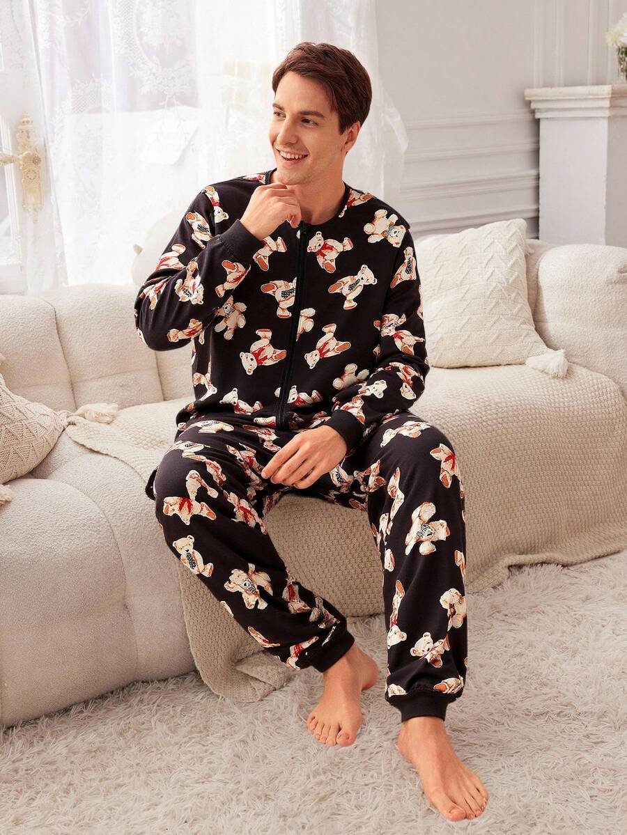 Men's Black Minimalist Cute Bear Pattern Long Sleeve Jumpsuit Loungewear Family Pajama Sets, Fall