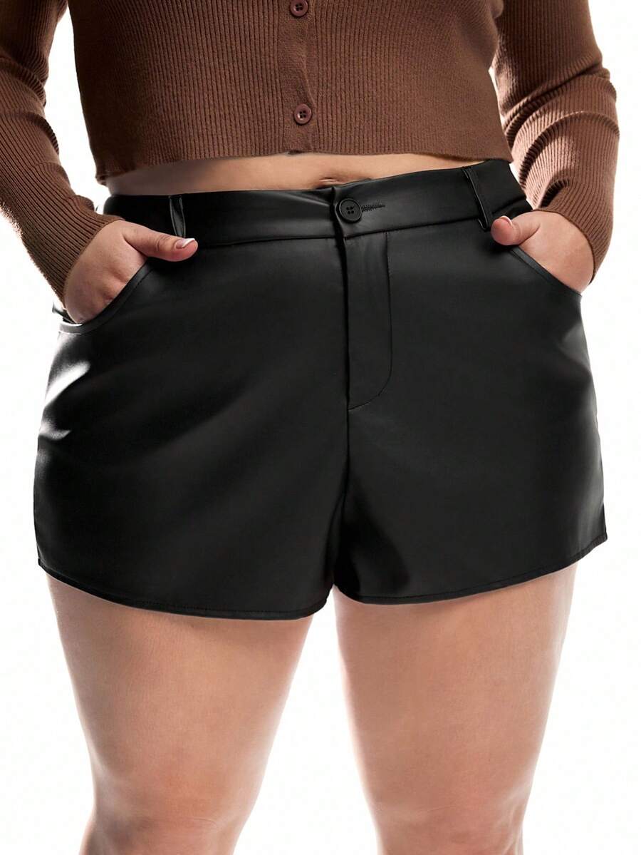 Solavibe Plus Size High Waist Solid Color Zipper Shorts, Autumn/Winter - Black - View 1