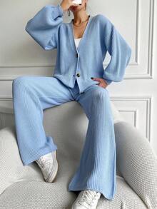 EURMUSE Women's Solid Color Sweater 2pcs Set - Baby Blue - View 5