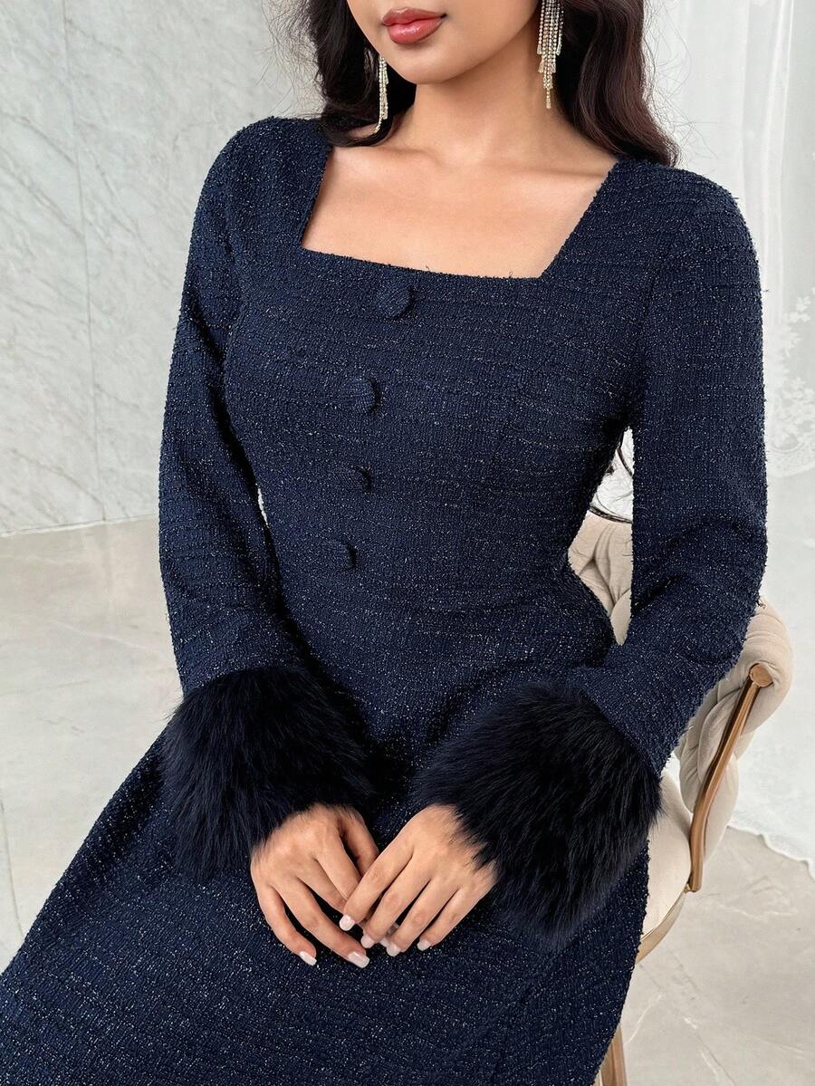 Feyla 女士方领蓬松袖口长袖中长连衣裙