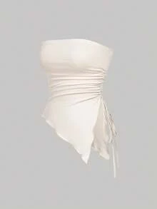 SHEIN MOD 3 件套女式复古褶皱侧抽绳腰部不对称下摆抹胸 - 彩色 - 查看 9
