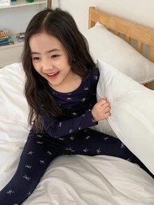 DAZY 少女蝴蝶结印花长袖睡衣套装 - 藏蓝色 - 查看 4