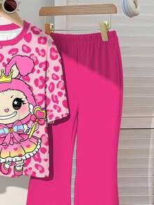 2pcs Tween Girls Casual Cute Cartoon Print, Pink Leopard Pattern, Sweet Short Sleeve T-Shirt And Pants Set, Suitable For Summer - Multicolor - View 6