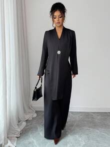 Elenzga Women's Elegant Collar V-Neck Long Sleeve Unique Design Rhinestone Button Closure Jacket And Straight Wide Leg Pants 2-Piece Set, Suitable For Autumn Office Commute - Black - View 5