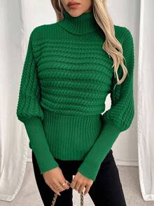 EMERY ROSE Turtleneck Cable Knit Loose Chic Oversized Slim Fit Pullover Sweater - Dark Green - View 3