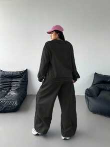 POPSWAY Plus Size Casual Solid Color Sweatshirt And Sweatpants Set